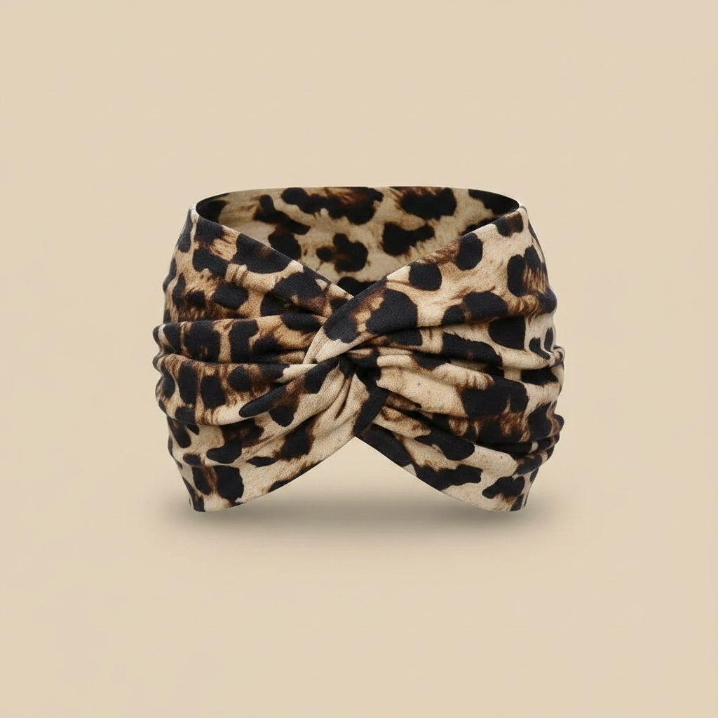 Bandeau Imprimé Léopard Noir et Camel — Packshot fond beige — Les Jolies Têtes
