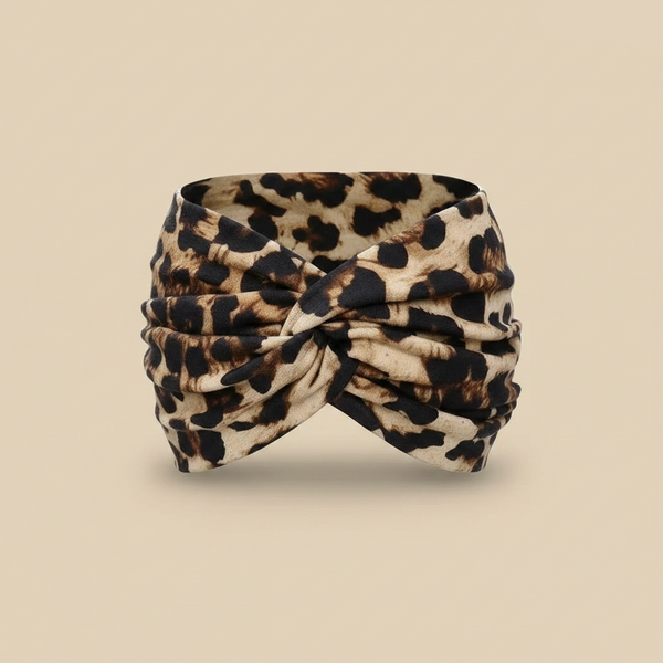 Bandeau Imprimé Léopard Noir et Camel — Packshot fond beige — Les Jolies Têtes