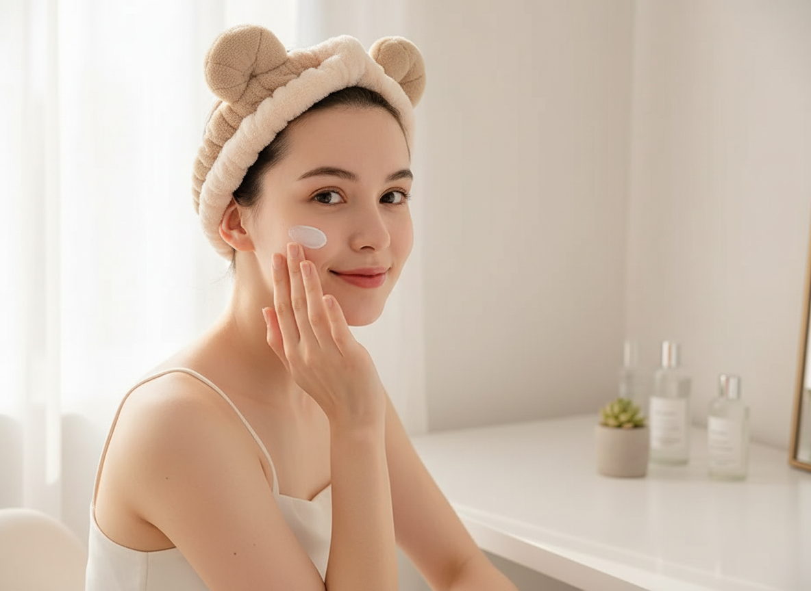 Bandeau Maquillage Mouton Femme Peluche Écru — Modèle — éditorial — Les Jolies Têtes