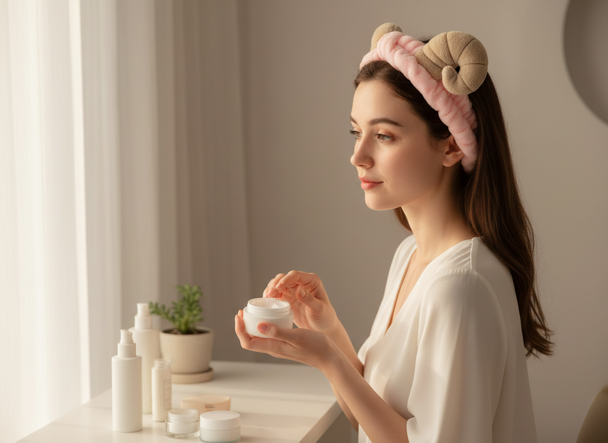 Bandeau Maquillage Mouton Femme Peluche Rose Poudré — Modèle — éditorial — Les Jolies Têtes