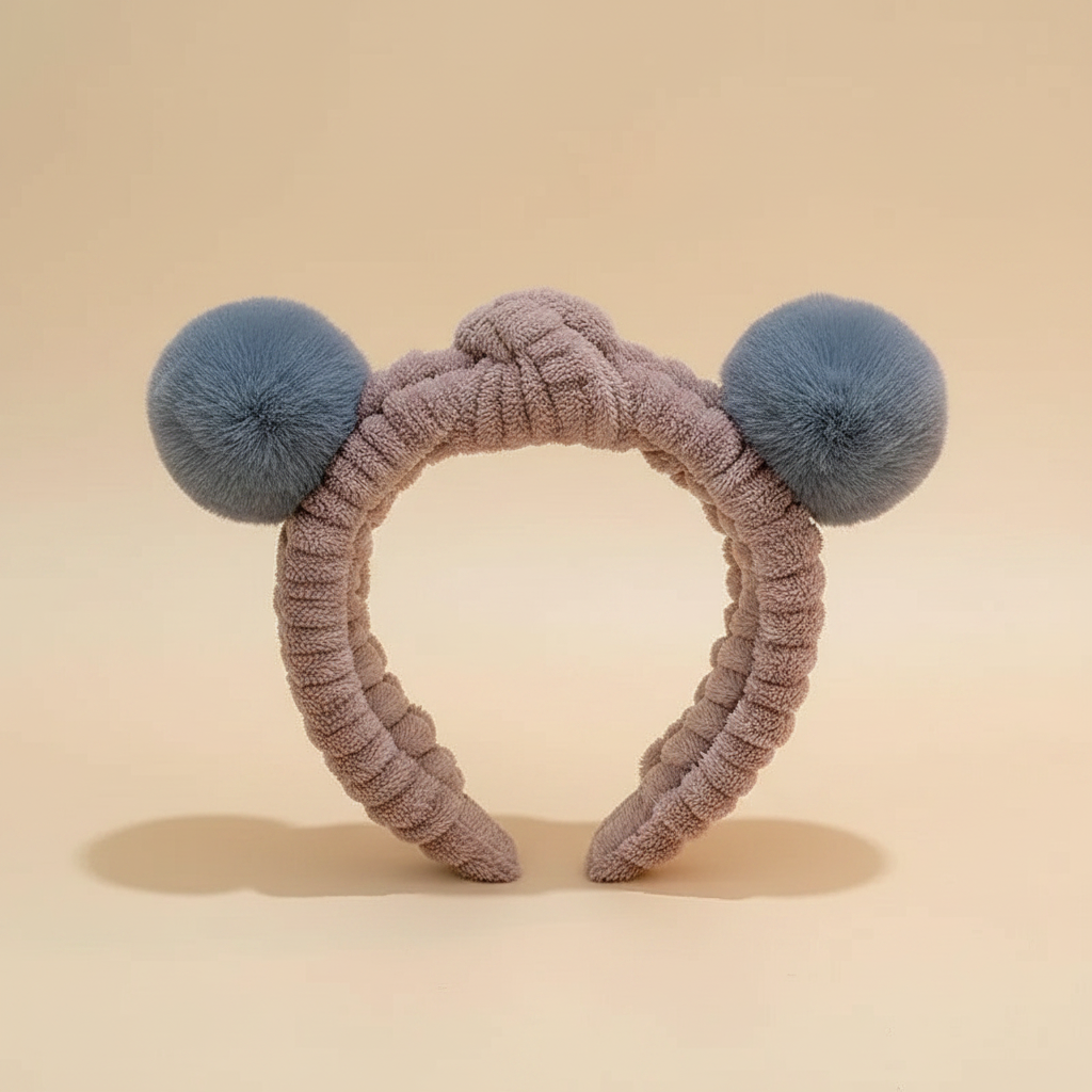 Bandeau Maquillage Pompons Femme Peluche Taupe et Bleu Gris — Packshot fond beige — Les Jolies Têtes