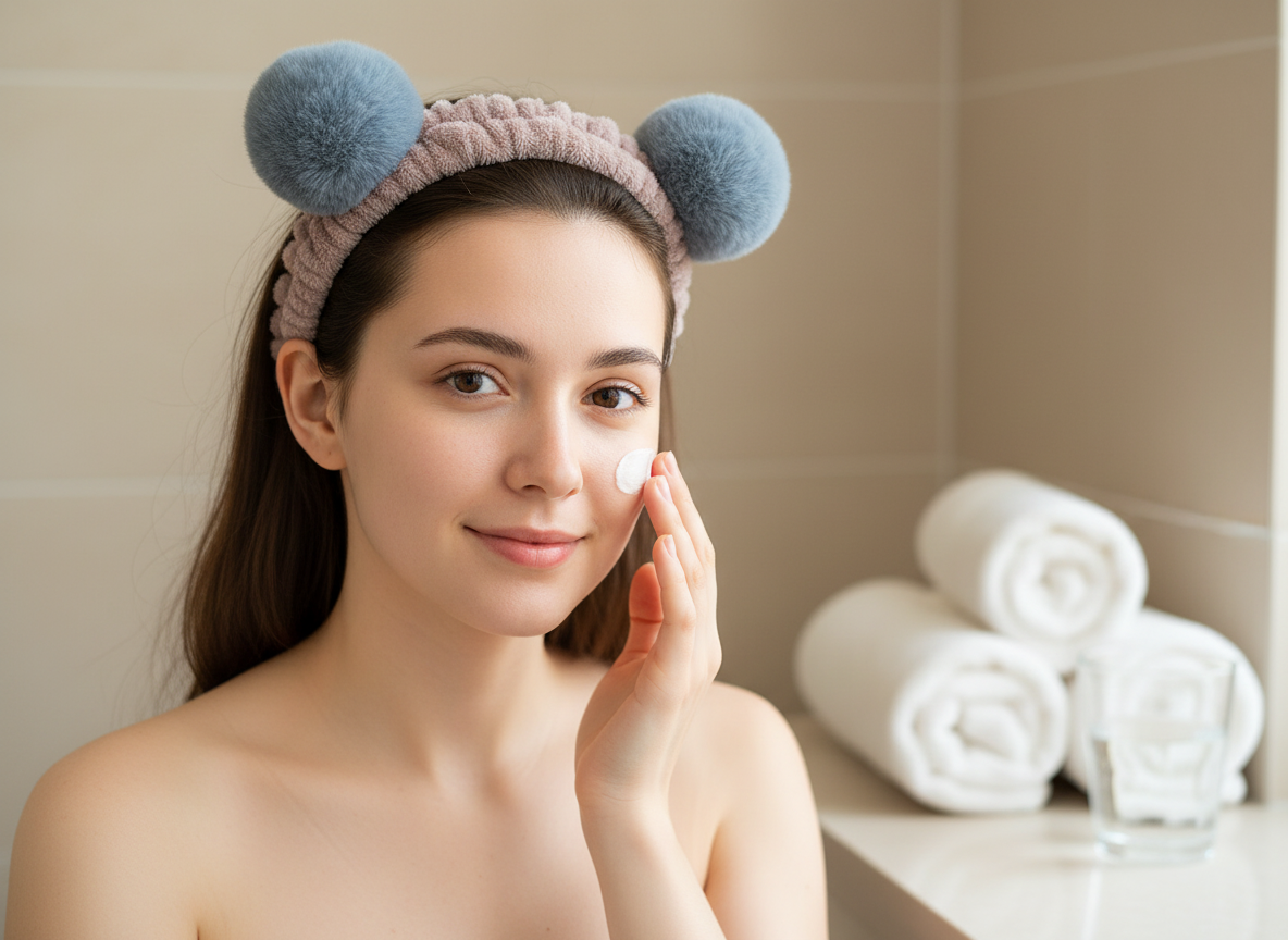 Bandeau Maquillage Pompons Femme Peluche Taupe et Bleu Gris — Modèle — éditorial — Les Jolies Têtes
