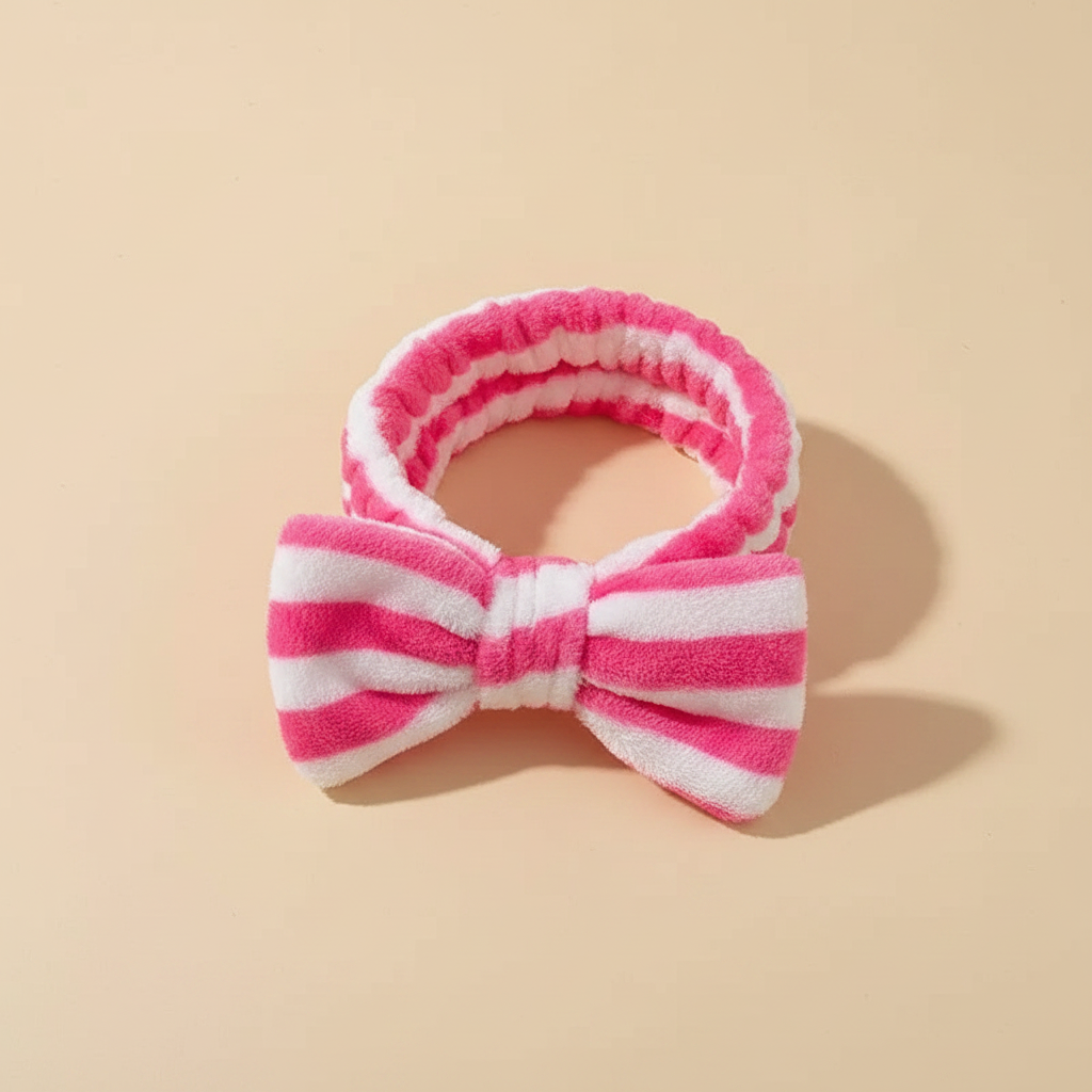 Bandeau Nœud Femme Peluche Rayé Fuchsia et Blanc