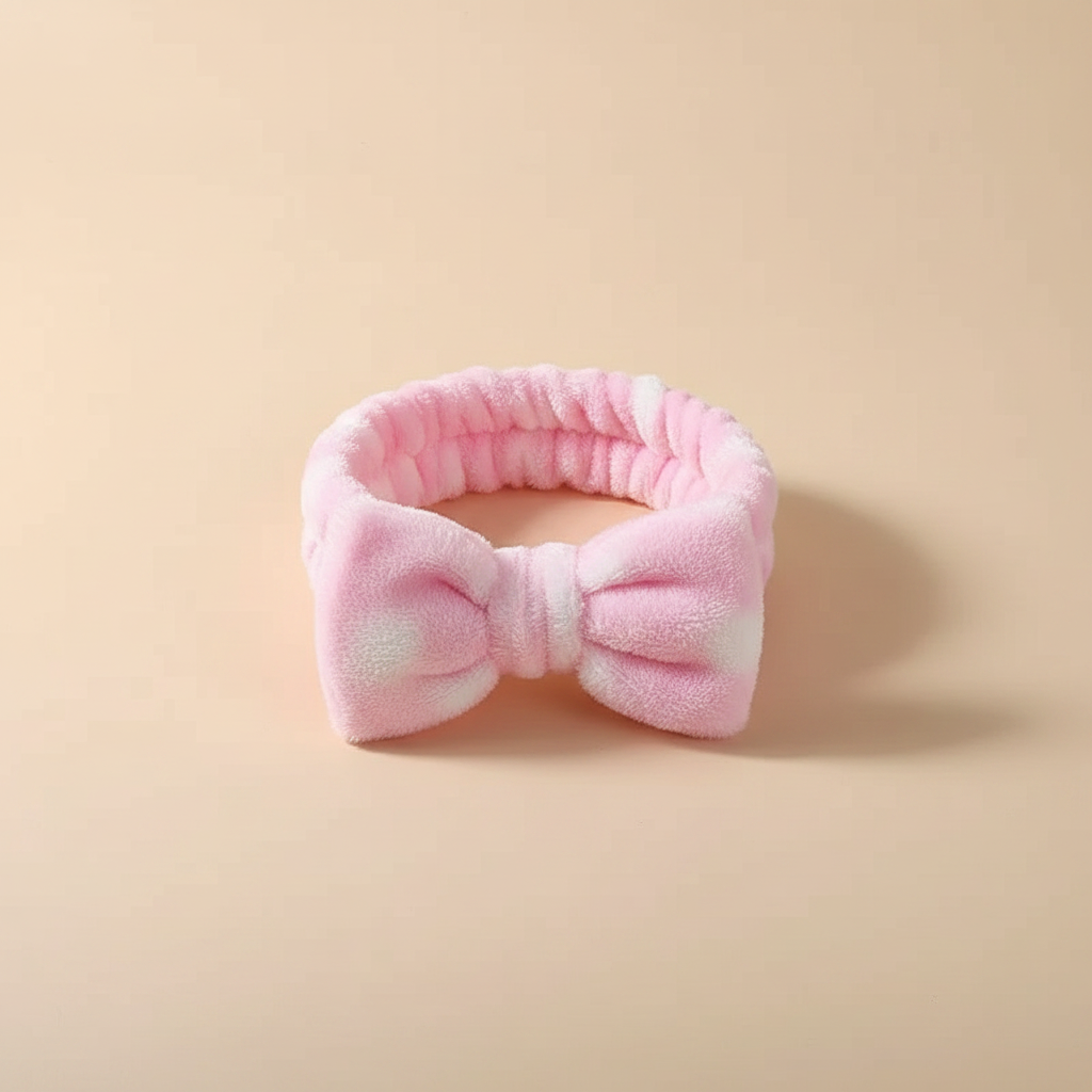 Bandeau Nœud Spa Femme Peluche Rose Pastel à Pois Blanc — Packshot fond beige — Les Jolies Têtes