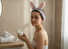 Bandeau Spa Oreilles Lapin Femme Peluche Gris — Modèle — éditorial — Les Jolies Têtes