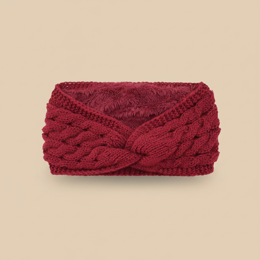 Bandeau Torsadé Femme Maille Doublure Polaire Bordeaux — Packshot fond beige — Les Jolies Têtes