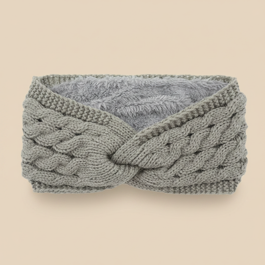 Bandeau Torsadé Femme Maille Doublure Polaire Gris Perle — Packshot fond beige — Les Jolies Têtes