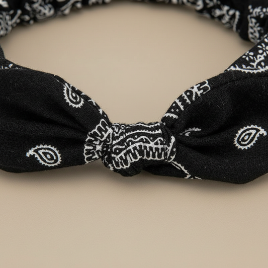 Bandeau Cheveux Bandana Paisley Femme Tissu Blanc Noir — Détail matière