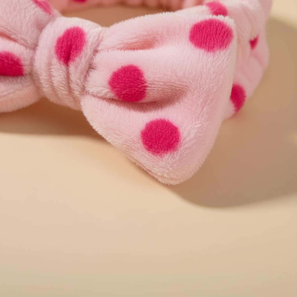 Bandeau Nœud Spa Femme Peluche Rose Poudré à Pois Fuchsia