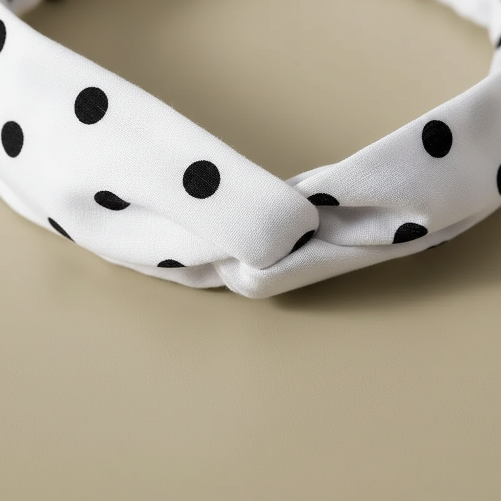Bandeau Croisé Femme Tissu Blanc à Pois Noirs