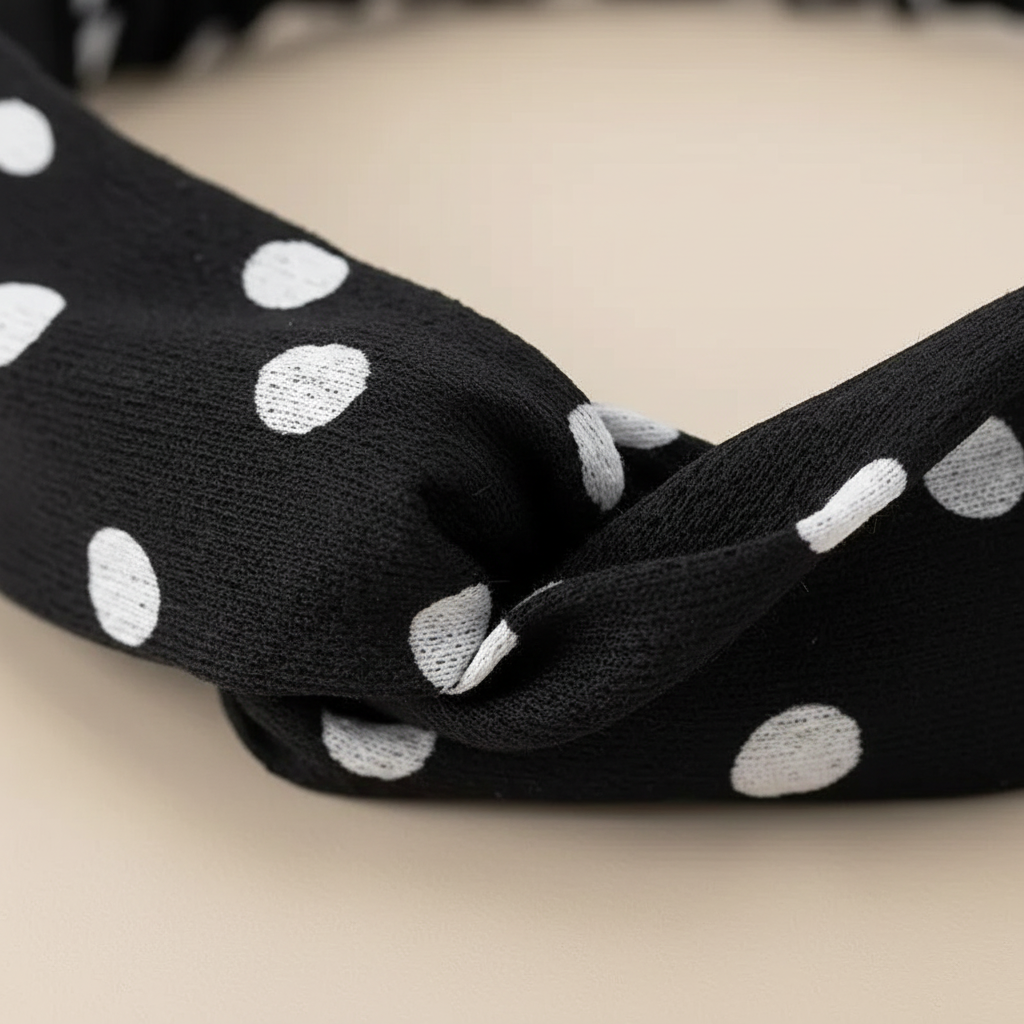 Bandeau Croisé Femme Tissu Noir à Pois Blancs