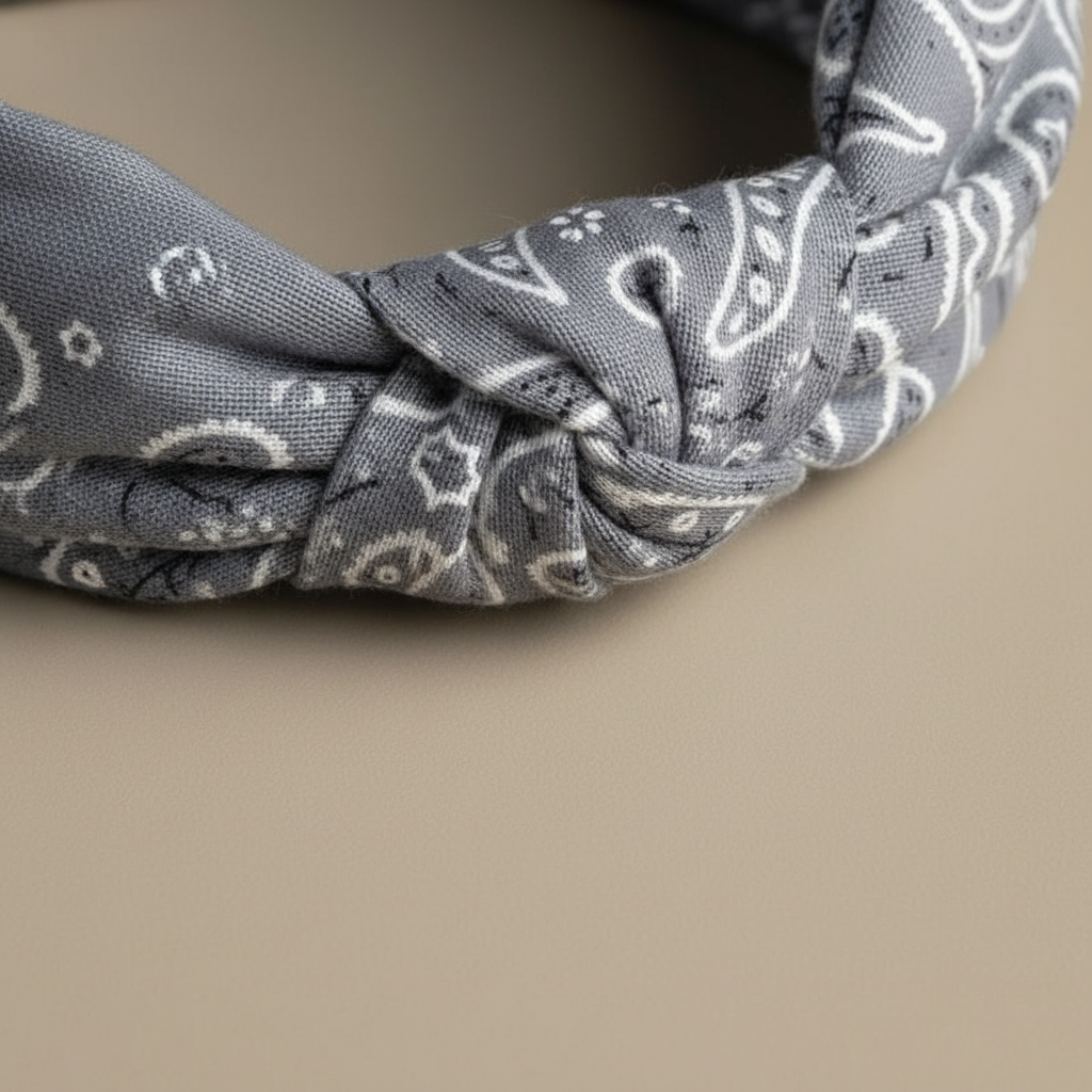 Bandeau Cheveux Bandana Femme Tissu Gris et Blanc