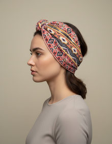 Bandeau Cheveux Ethnique Femme Tissu Rose, Orange et Noir — porté de profil