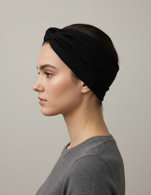 Bandeau Croisé Femme Tissu Noir — porté de profil
