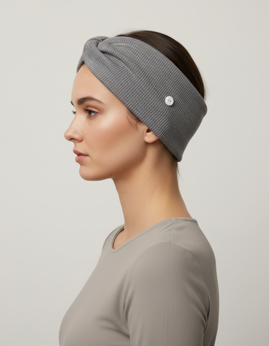Bandeau Cheveux Torsadé Femme Tissu Gris — porté de profil