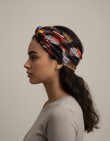 Bandeau Cheveux Croisé Femme Tissu Imprimé Feuillage Multicolore — porté de profil