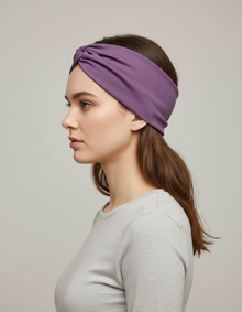 Bandeau Turban Femme Tissu Extensible Violet Lavande — Porté de profil
