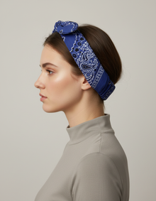 Bandeau Cheveux Bandana Femme Tissu Bleu Marine Blanc — Porté de profil