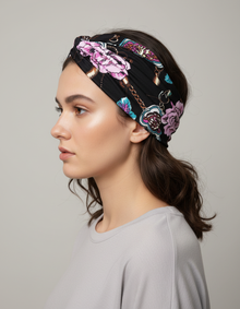 Bandeau Turban Croisé Femme Tissu Imprimé Baroque Floral Noir Rose — porté de profil