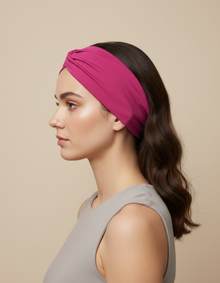 Bandeau Cheveux Uni Femme Tissu Fuchsia — porté de profil