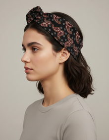 Bandeau Rosace Femme Rigide Paisley Noir Bordeaux — porté de profil