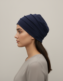 Bandeau Drapé Femme Tissu Bleu Marine — porté de profil