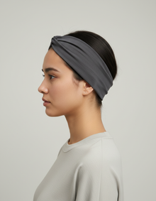 Bandeau Cheveux Sport Femme Tissu Gris — porté de profil