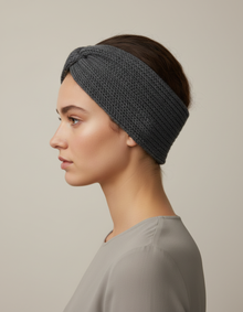 Bandeau Twist Femme Laine Polyester Gris Anthracite — Porté de profil