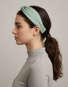 Bandeau Cheveux Croisé Femme Tissu Côtelé Vert Sauge — Porté de profil