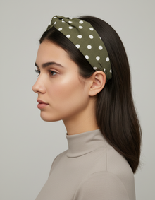 Bandeau Cheveux Torsadé Femme Tissu Pois Vert Olive — Porté de profil