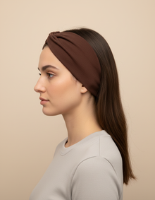 Bandeau Cheveux Uni Femme Tissu Coton Mélangé Marron — Porté de profil