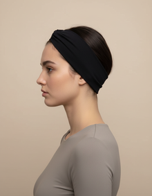 Bandeau Cheveux Uni Femme Tissu Coton Mélangé Bleu Marine — Porté de profil