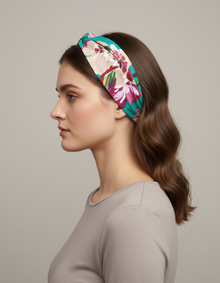 Bandeau Cheveux Fleurs Femme Tissu Turquoise Rose — porté de profil