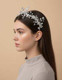 Bandeau Mariage Femme Bijou Feuillage Argenté — porté de profil