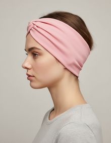 Bandeau Turban Femme Tissu Extensible Rose Poudré — porté de profil