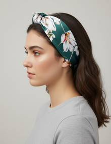 Bandeau Nœud Turban Femme Rigide Imprimé Floral Vert Émeraude — porté de profil