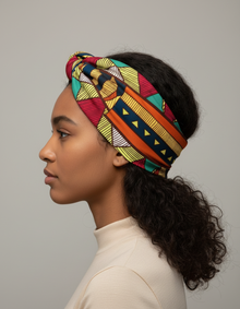 Bandeau Cheveux Géométrique Femme Tissu Vert, Jaune, Rouge et Bleu — porté de profil