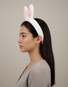 Bandeau Oreilles Lapin Femme Peluche Blanc — porté de profil