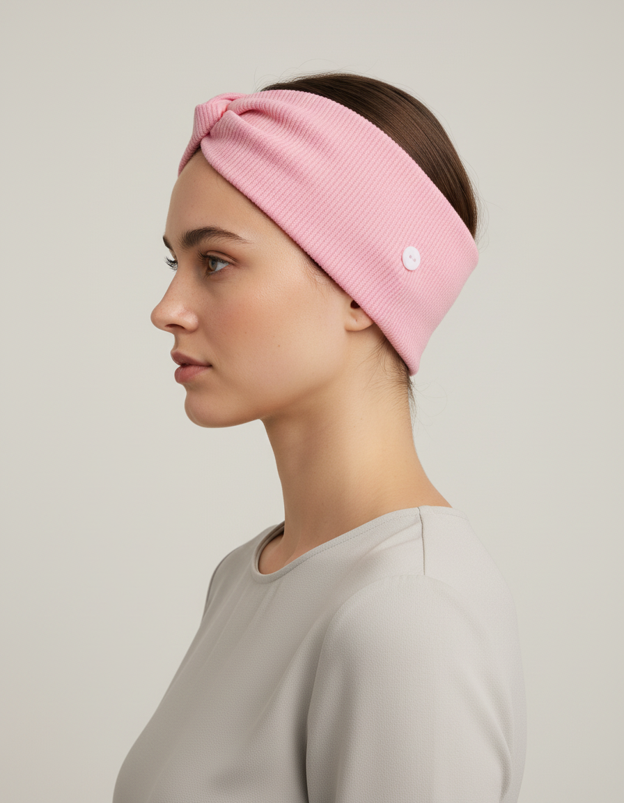 Bandeau Cheveux Torsadé Femme Tissu Rose Clair — porté de profil
