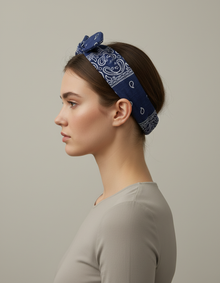 Bandeau Cheveux Bandana Femme Tissu Bleu Marine Blanc (Paisley) — porté de profil