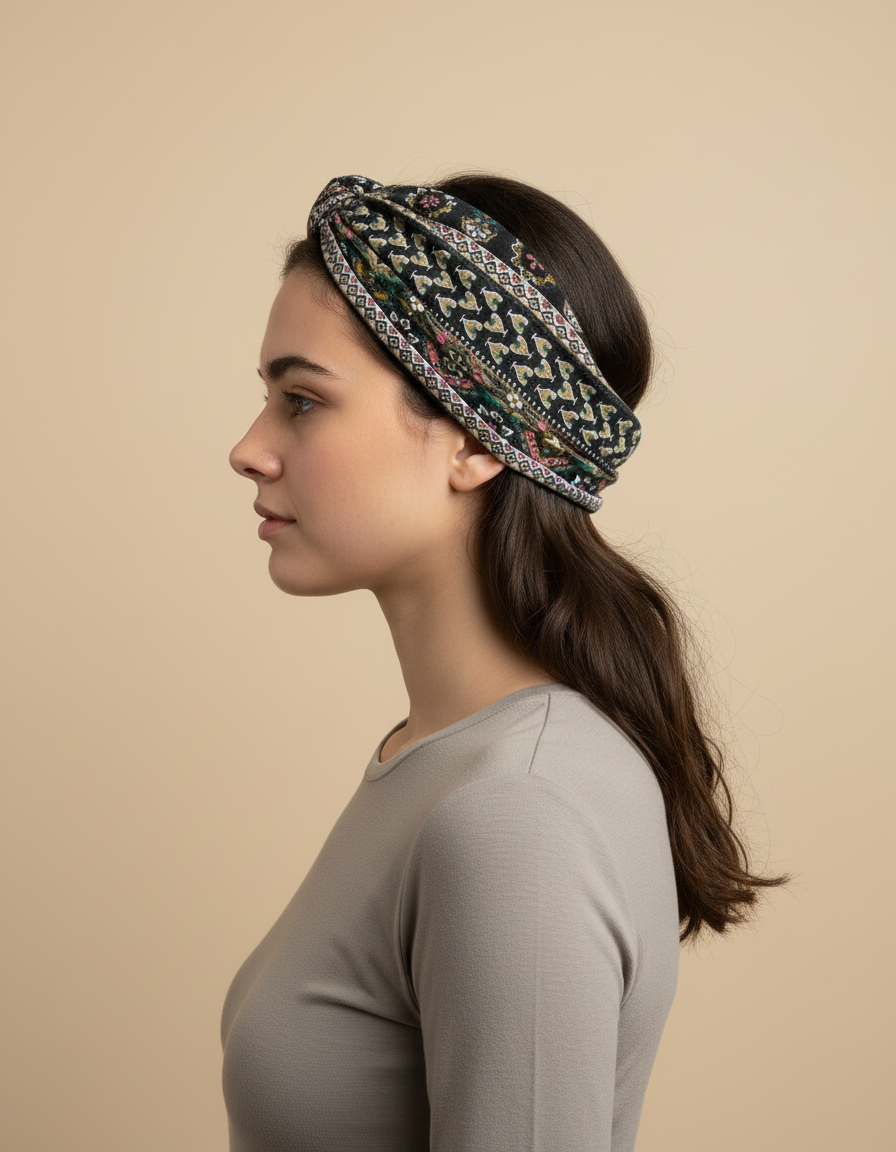 Bandeau Cheveux Ethnique Femme Tissu Noir et Multicolore