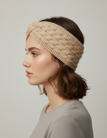 Bandeau Torsadé Femme Maille Doublure Polaire Beige Sable — Porté de profil