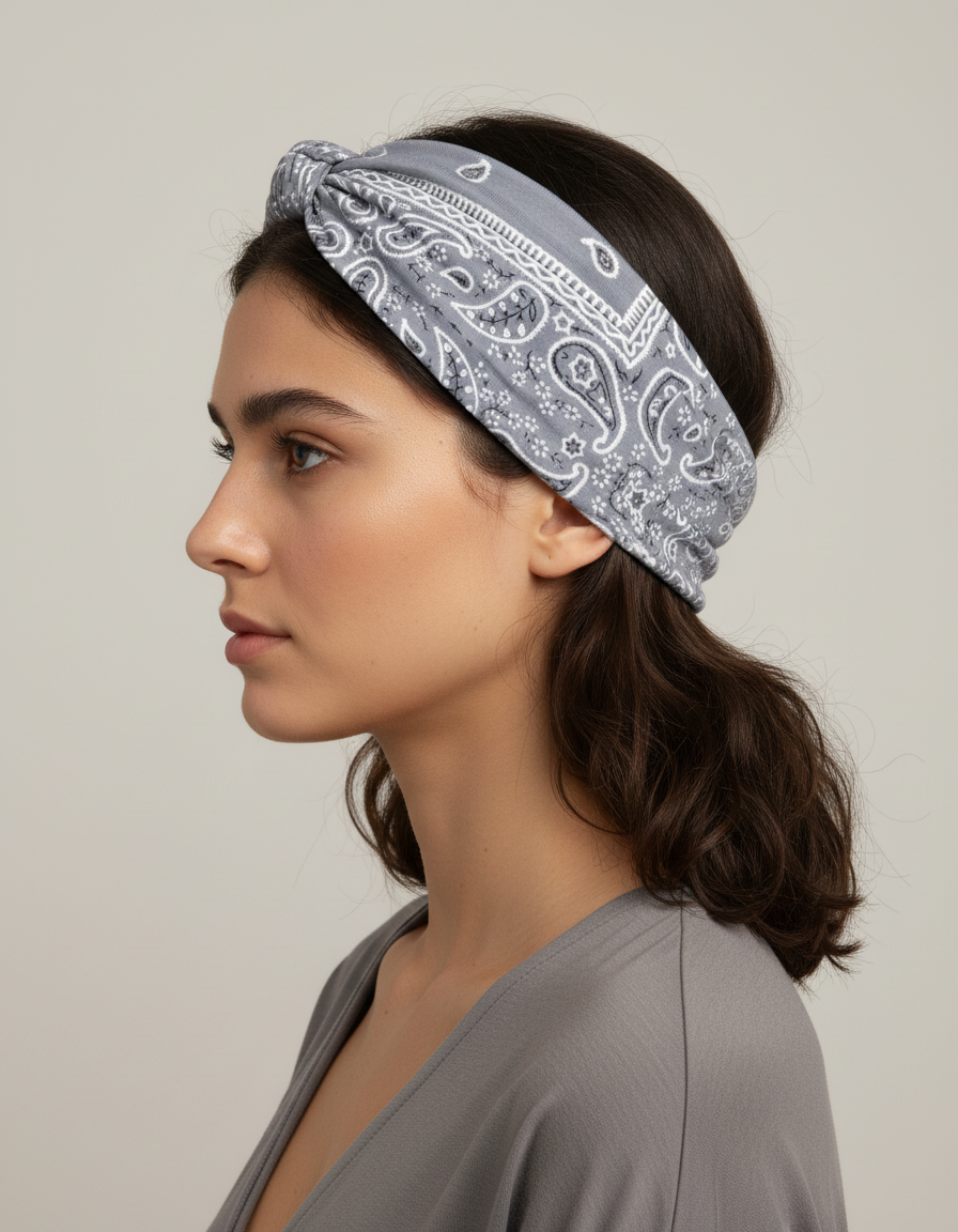 Bandeau Cheveux Bandana Femme Tissu Gris et Blanc — porté de profil