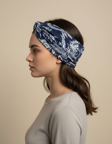 Bandeau Cheveux Bandana Femme Tissu Bleu Marine et Blanc — porté de profil