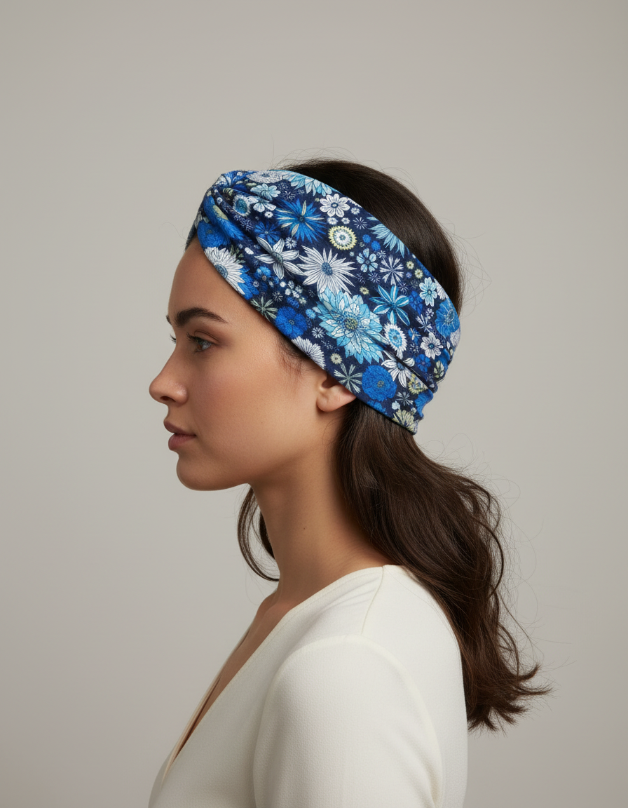 Bandeau Cheveux Fleurs Femme Tissu Bleu, Blanc et Jaune
