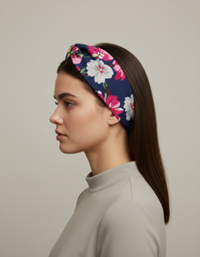 Bandeau Cheveux Fleurs Femme Tissu Bleu Marine Rose — Porté de profil