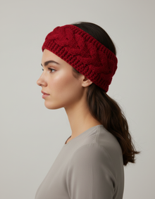Bandeau Tressé Femme Laine Polyester Rouge Carmin — porté de profil