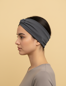 Bandeau Cheveux Sport Femme Tissu Gris Foncé — porté de profil