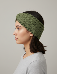 Bandeau Torsadé Femme Maille Doublure Polaire Vert Sauge — Porté de profil