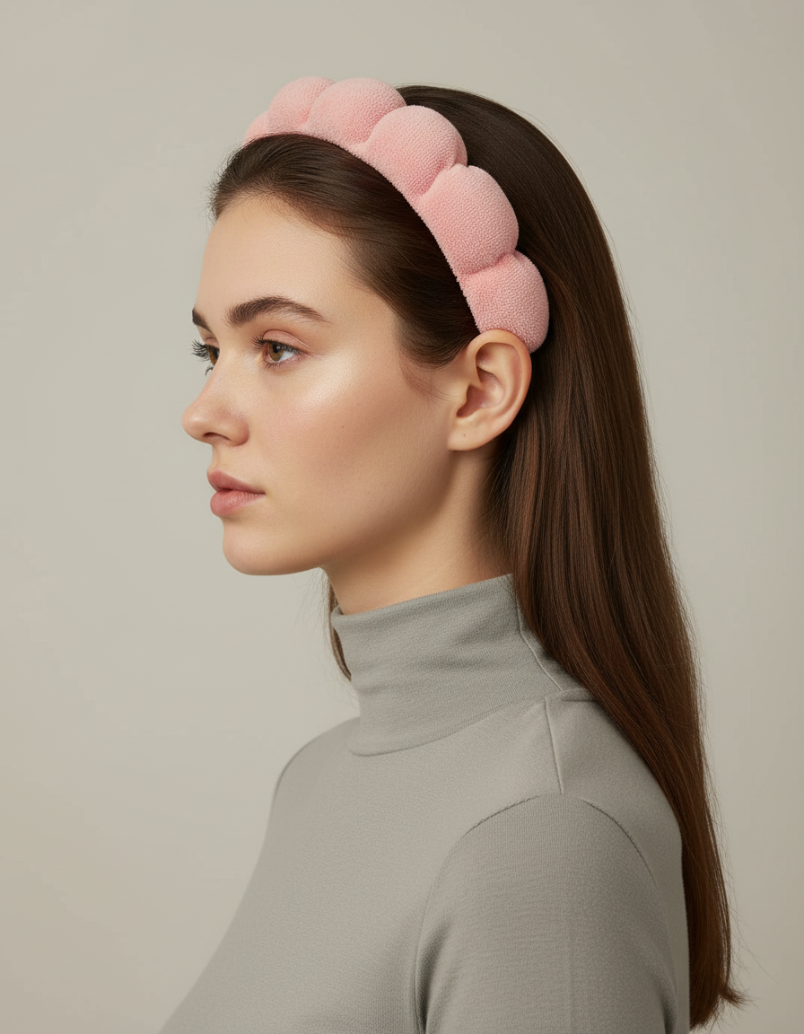 Bandeau Cheveux Matelassé Femme Éponge Rose Pâle — porté de profil